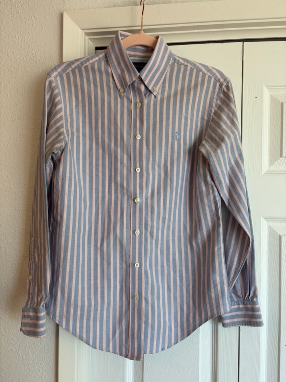 Brooks Brothers Supima Cotton Blue Pink White Stripe Button Down Dress Shirt